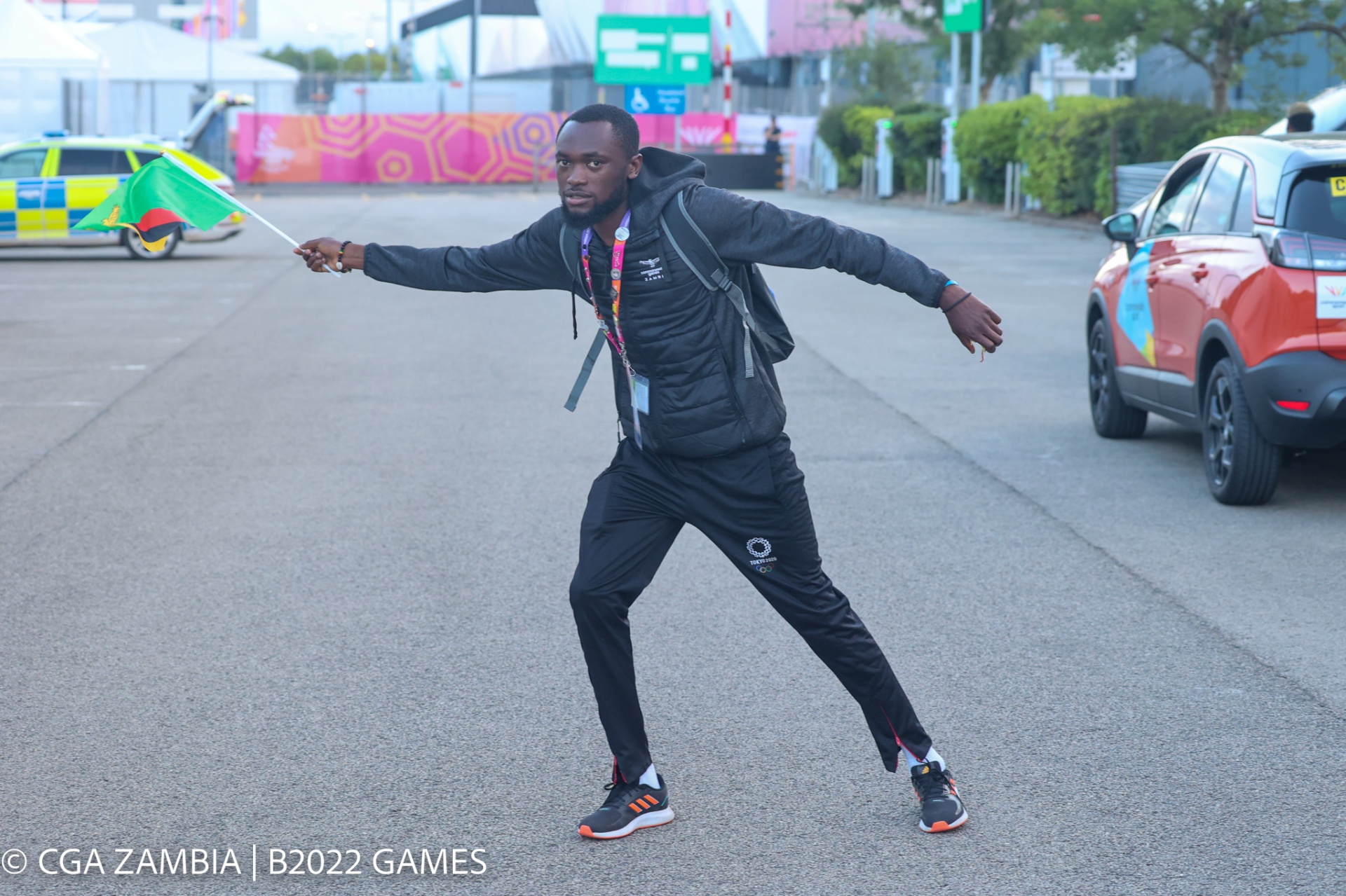 Flying the Zambian flag at the Games Village