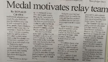Times of Zambia article about medal motivating relay team