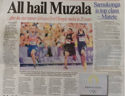 Zambia Daily Mail front page featuring Muzala Samukonga's Olympic medal victory